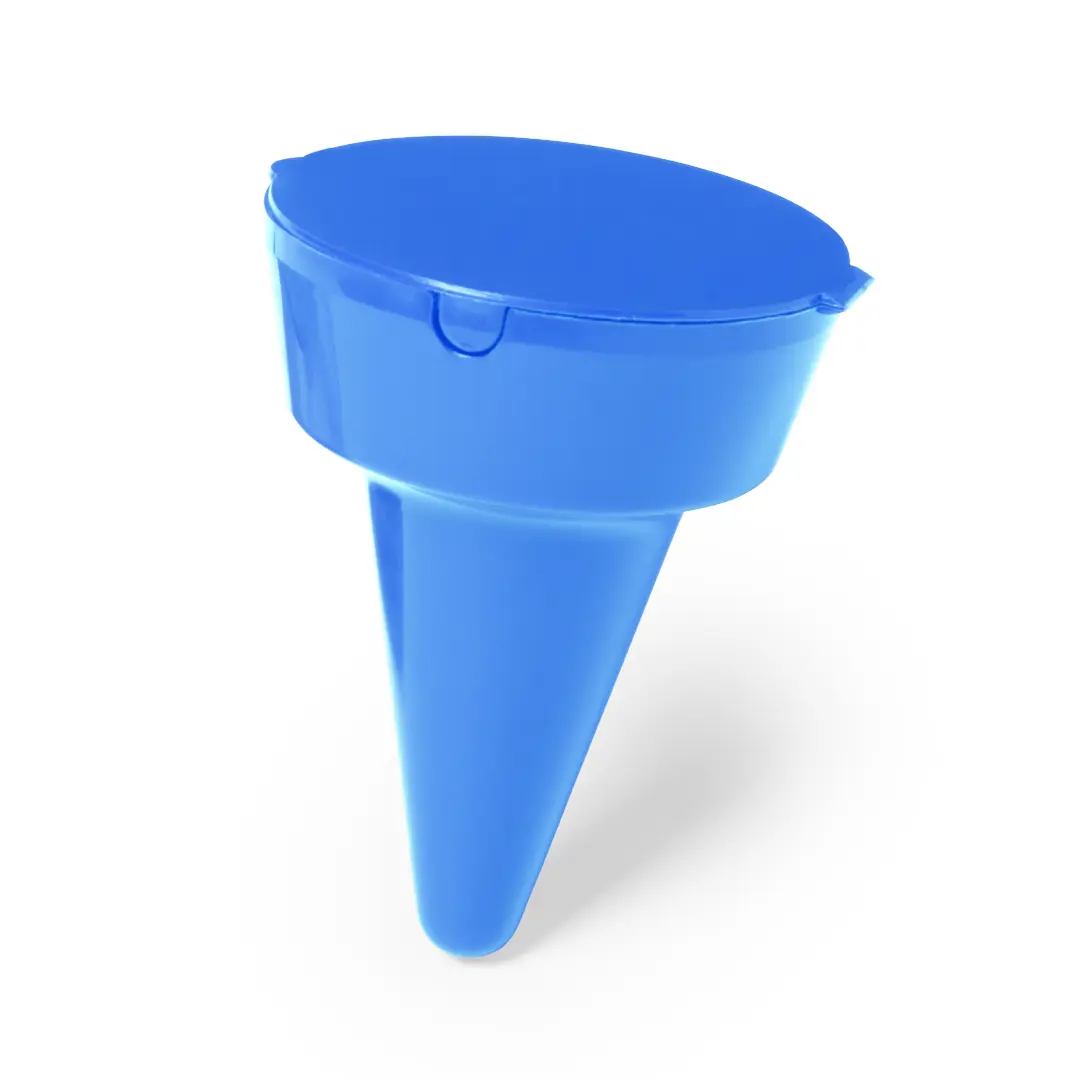 dosificador de agua para plantas en macetas de plástico azul con depósito superior y pico cónico