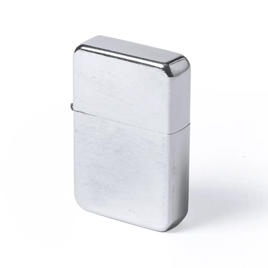 encendedor metálico plateado de diseño rectangular con tapa abatible