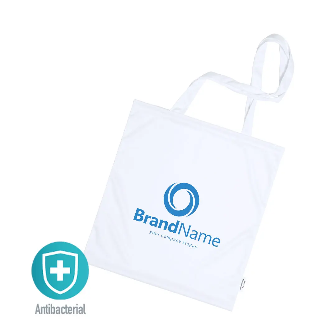 bolsa de tela blanca con logo azul BrandName y distintivo de protección antibacterial