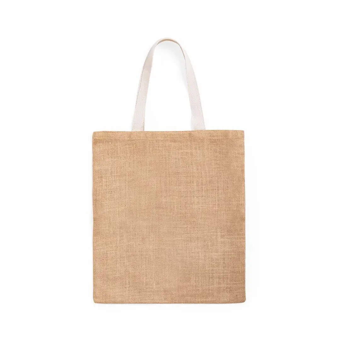 Bolsa tote de yute natural con asas blancas sobre fondo blanco