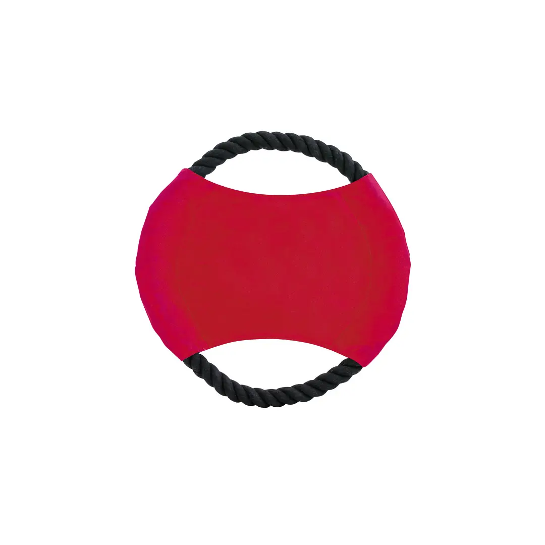 Juguete para perros en forma de aro rojo con asas de cuerda negra