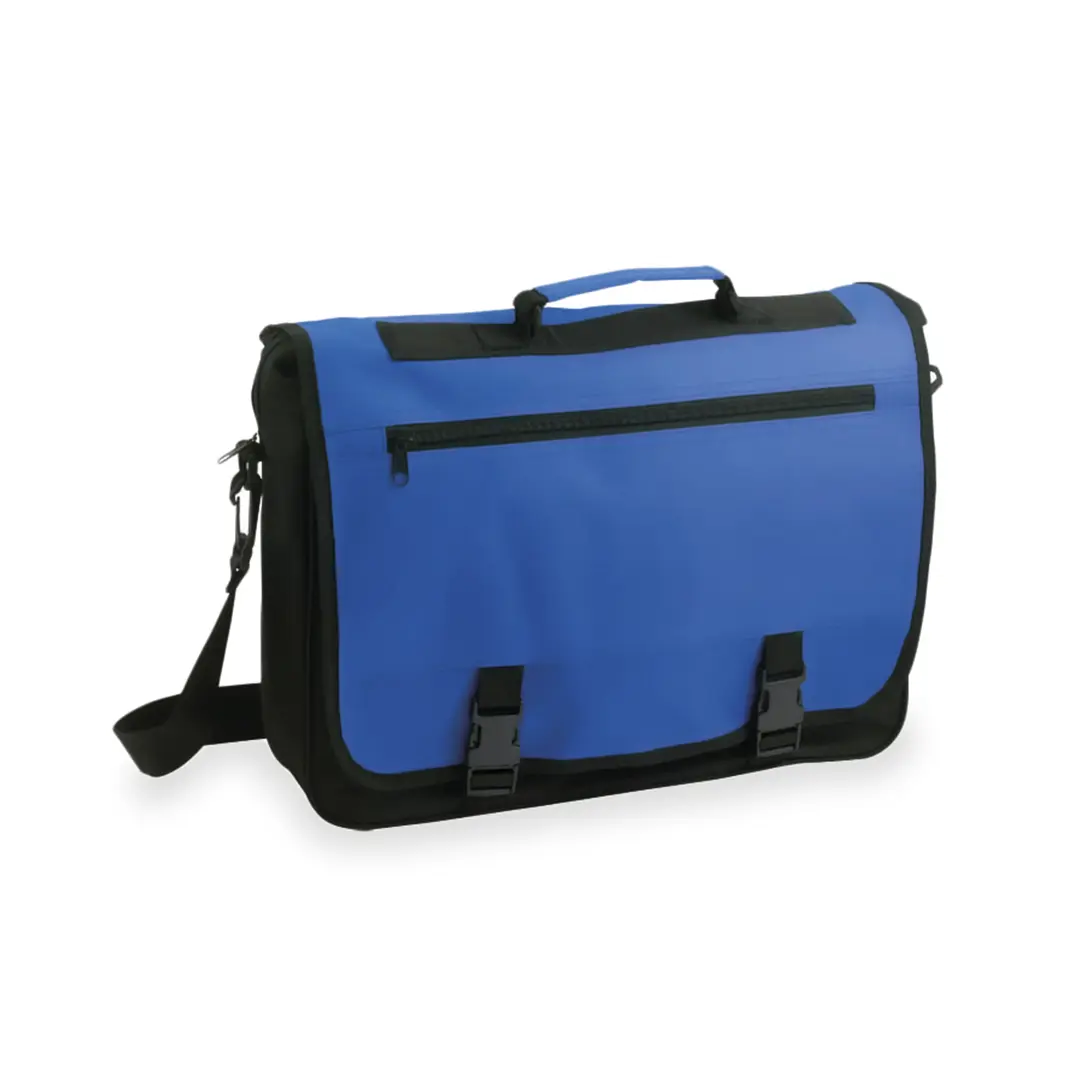 bolsa de mensajero azul y negra con solapa, bolsillo frontal con cremallera y correa ajustable