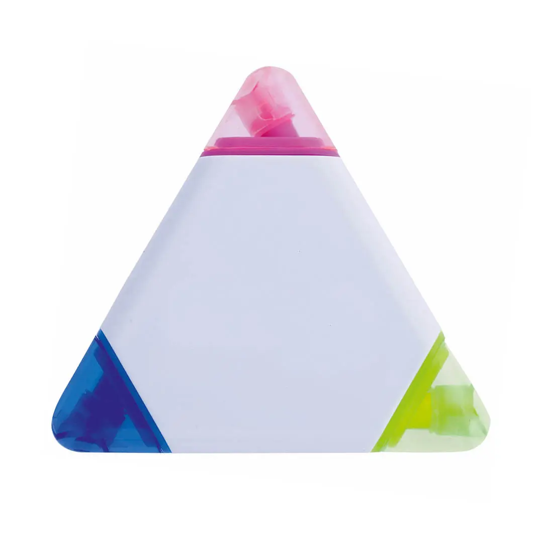 lapicero fluorescente triangular con punta rosa, azul y verde sobre fondo blanco