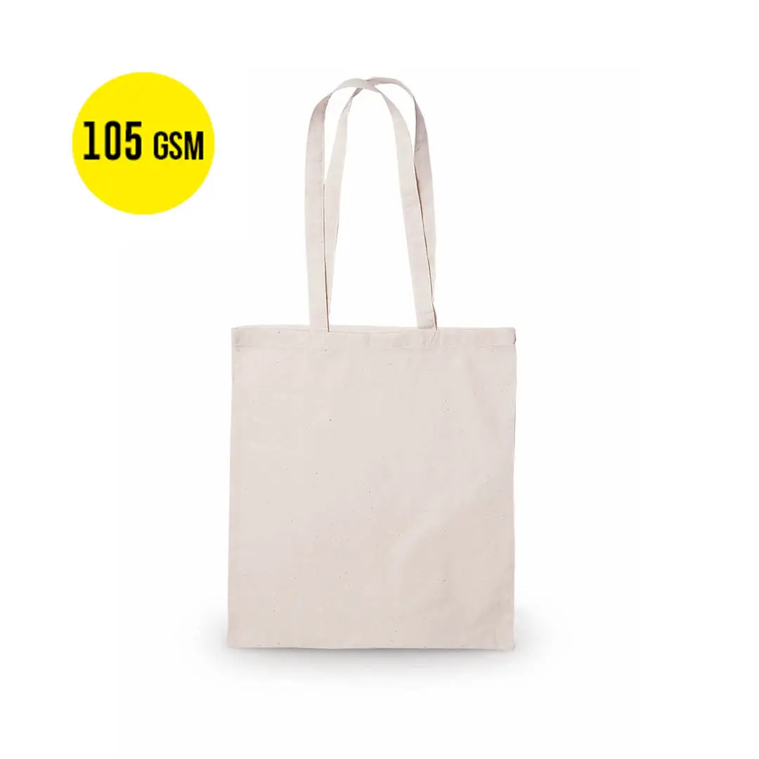 Bolsa tote de algodón crudo con asas largas y detalle 105 GSM sobre fondo blanco