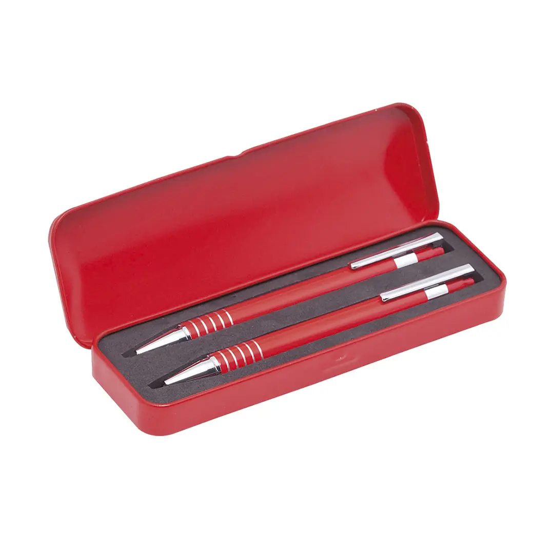 Estuche metálico rojo abierto con un bolígrafo y un portaminas rojos con detalles plateados