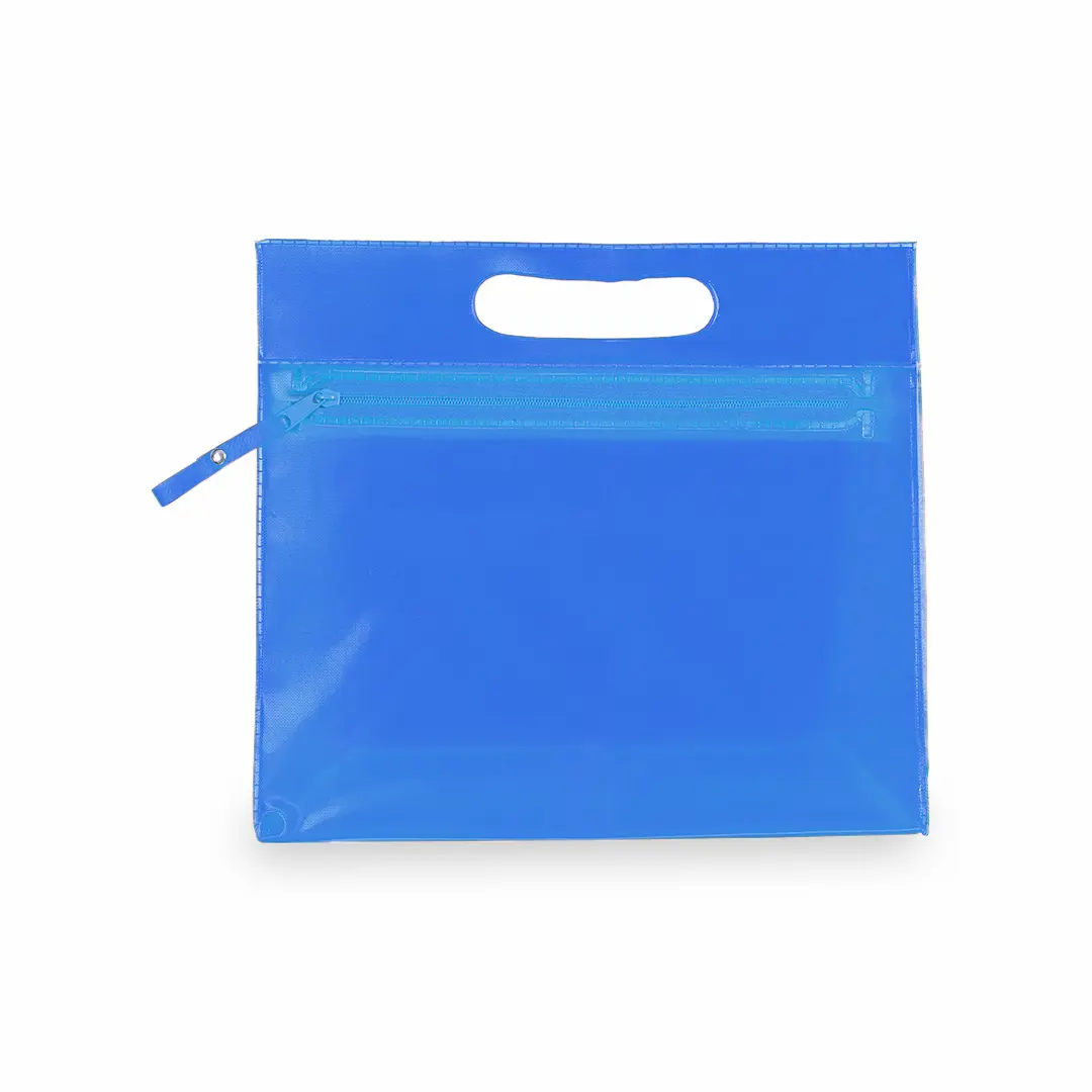Bolsa azul de plástico para documentos con cremallera y asa recortada