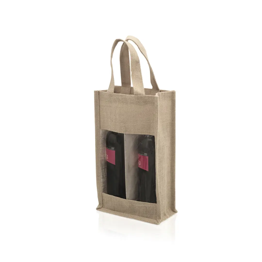 Bolsa de yute con asa y ventana transparente mostrando dos botellas de vino
