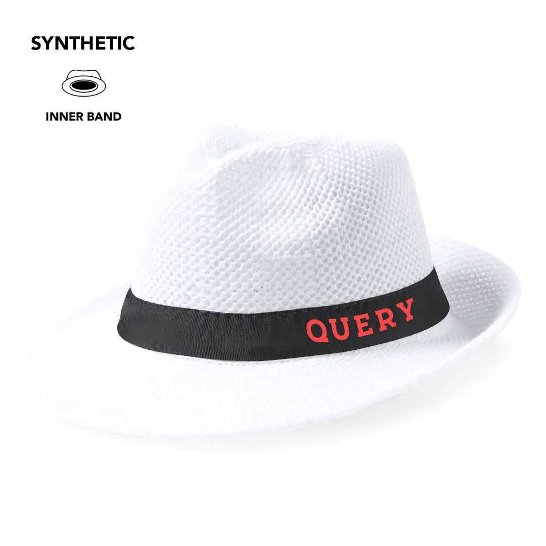 Sombrero fedora blanco sintético con cinta negra interior y la palabra QUERY en rojo