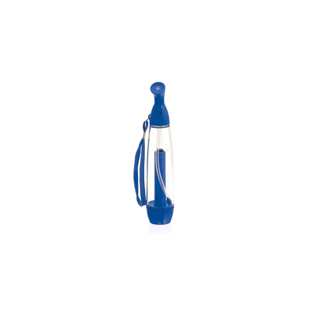 Botella de agua portátil azul con boquilla plegable y correa.