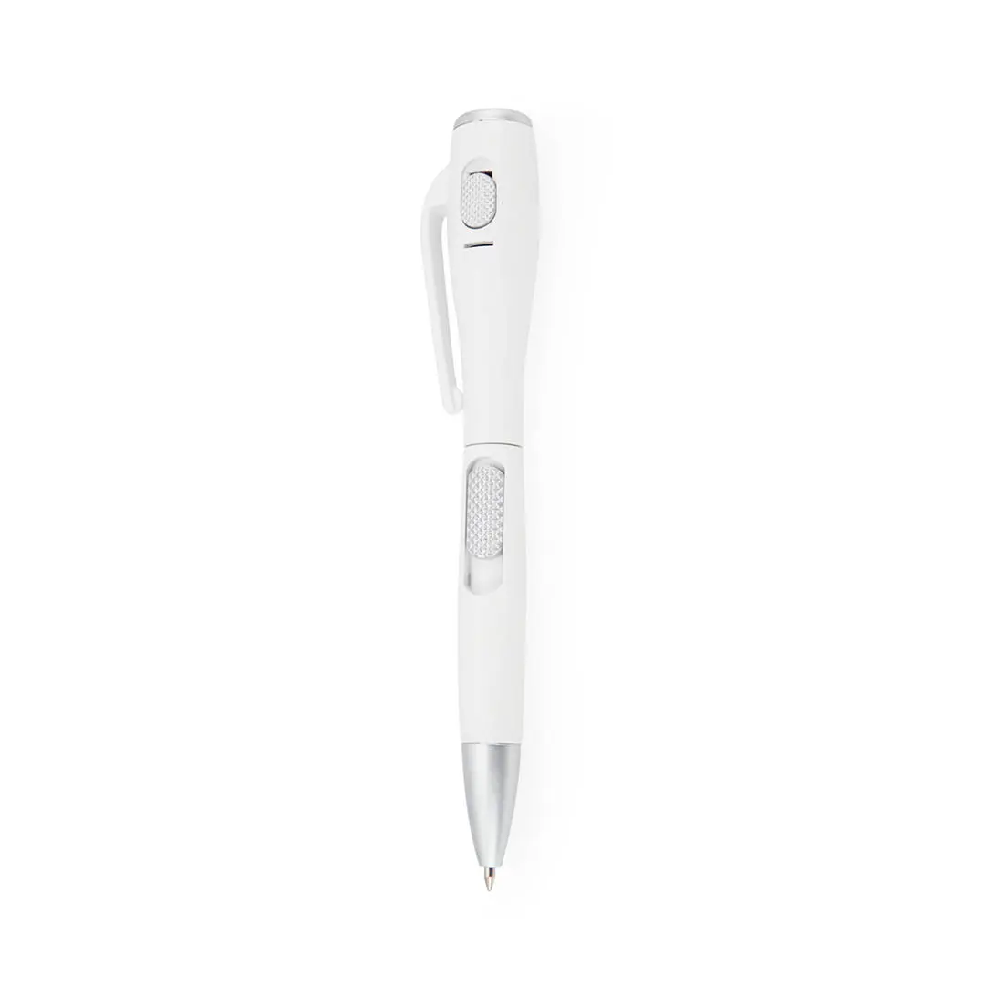 bolígrafo blanco con cuerpo ergonómico, agarre texturizado y clip metálico sobre fondo blanco