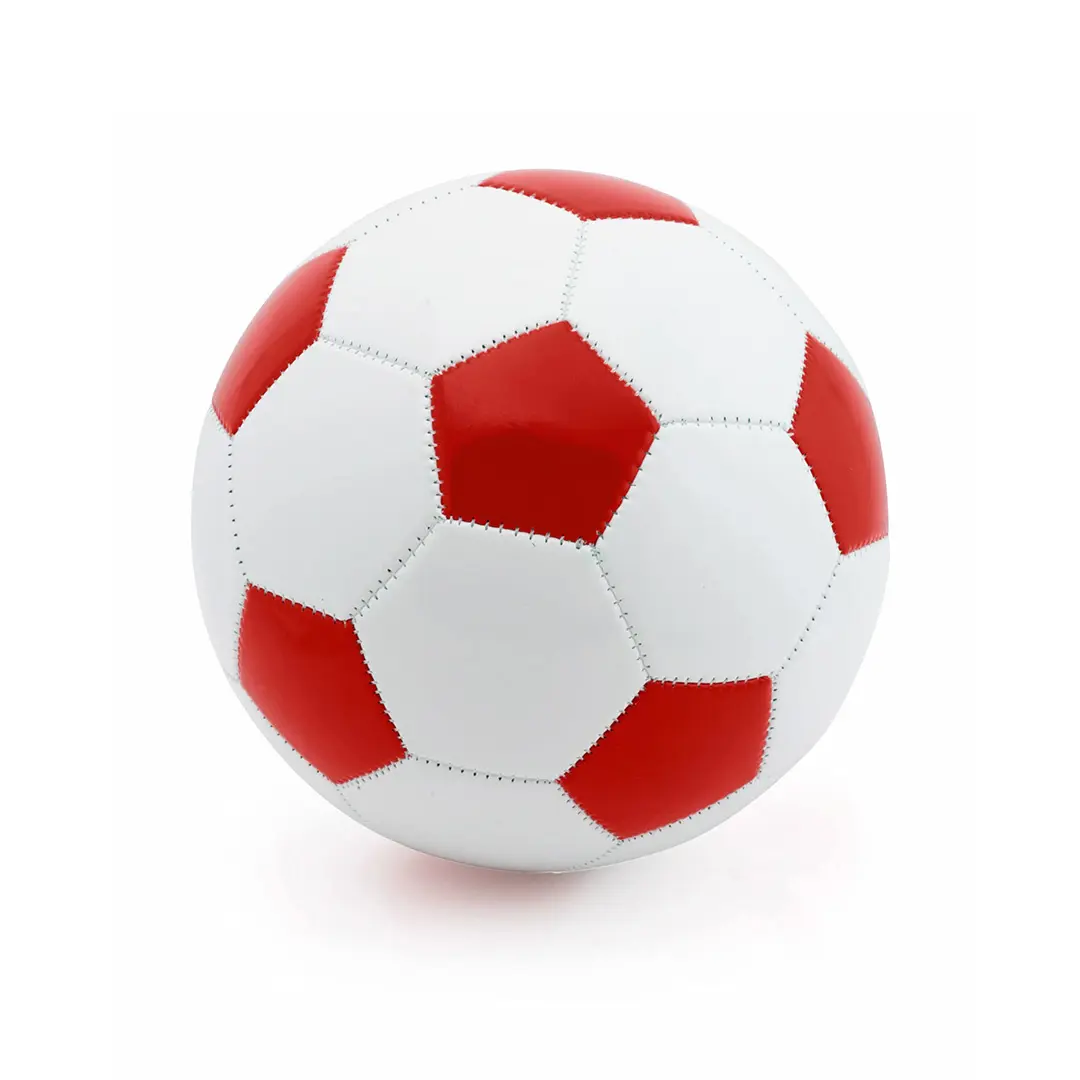 Balón de fútbol blanco con pentágonos rojos sobre fondo blanco.