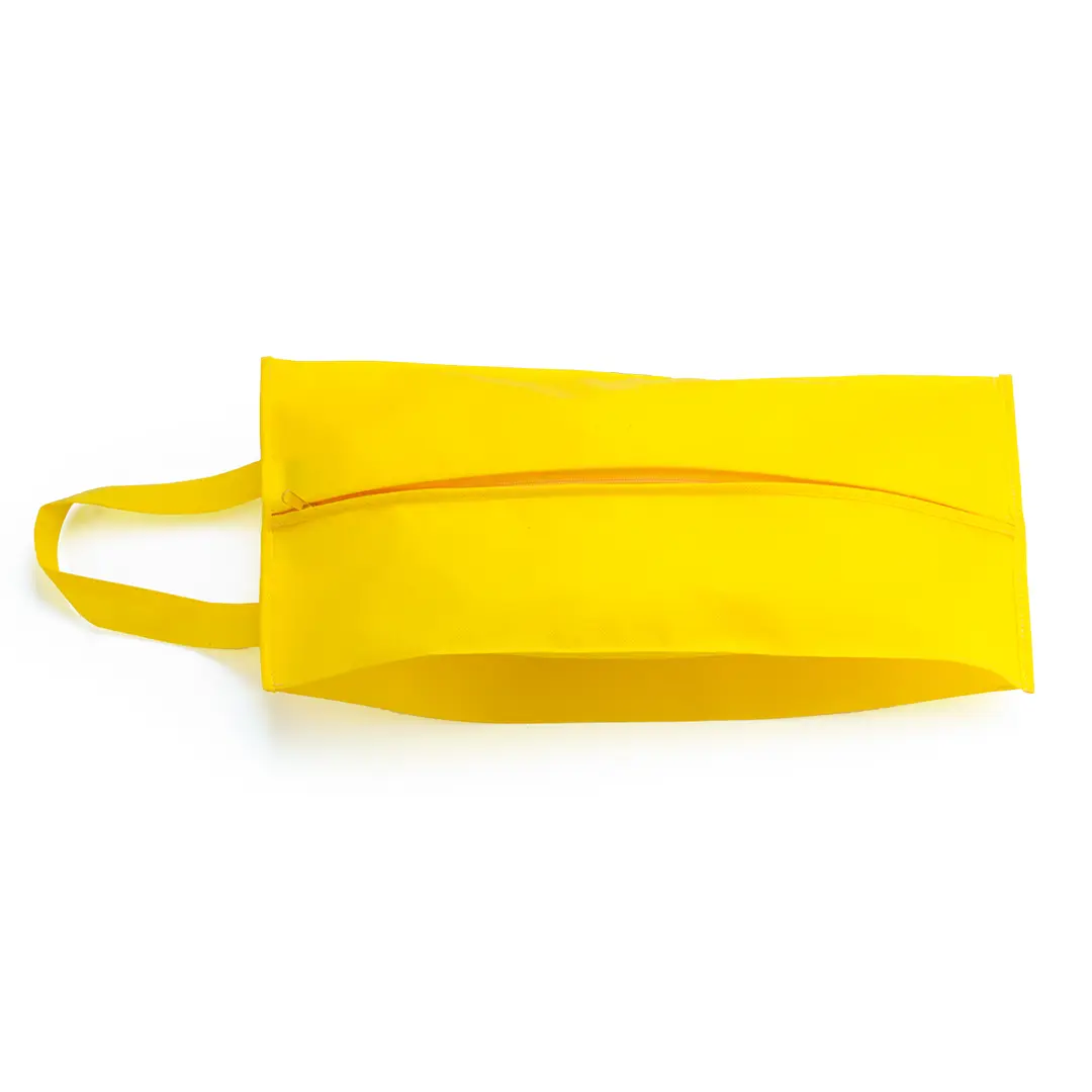 bolsa rectangular amarilla con cremallera superior y asa de mano