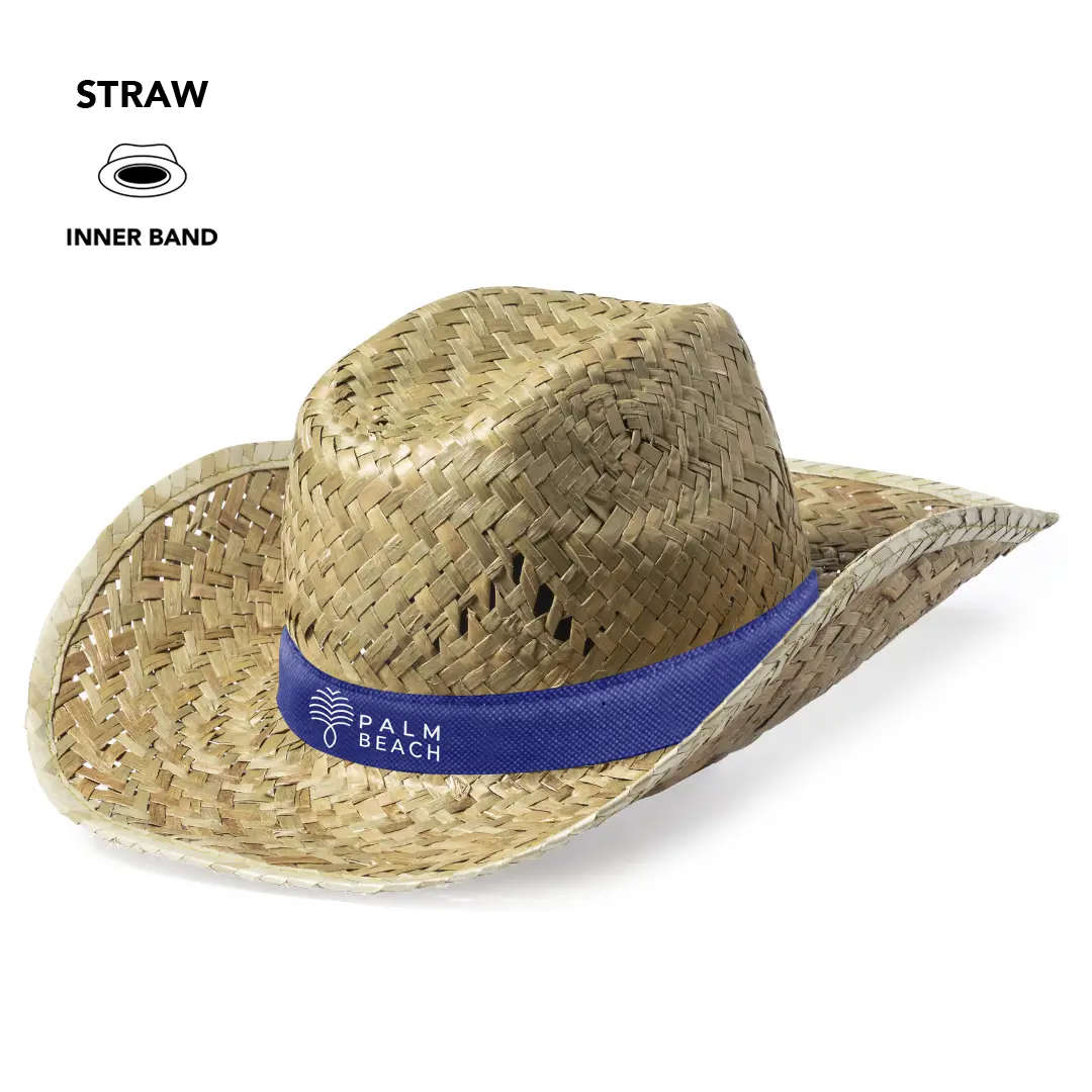 Sombrero de paja estilo cowboy con cinta interior azul y logo Palm Beach