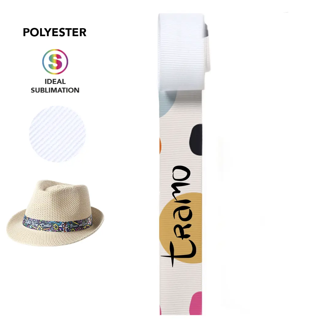 tira de poliéster para sublimación con diseño de círculos de colores junto a sombrero de paja con cinta decorativa