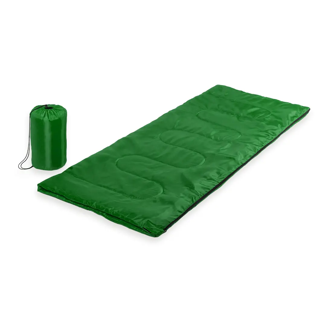 saco de dormir rectangular verde con funda de compresión