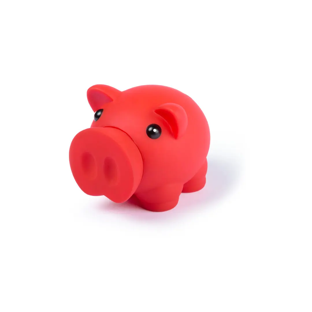 juguete de goma con forma de cerdito rojo sobre fondo blanco