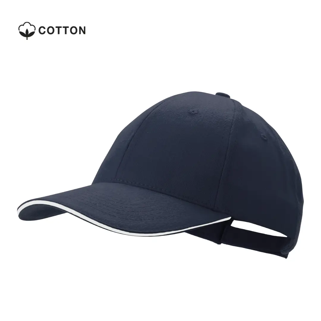 Gorra de algodón azul marino con ribete blanco y cierre trasero ajustable