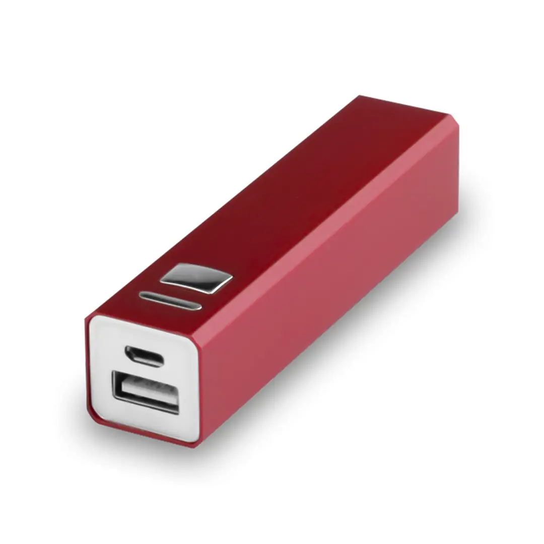 batería externa portátil roja con salida USB y entrada micro-USB