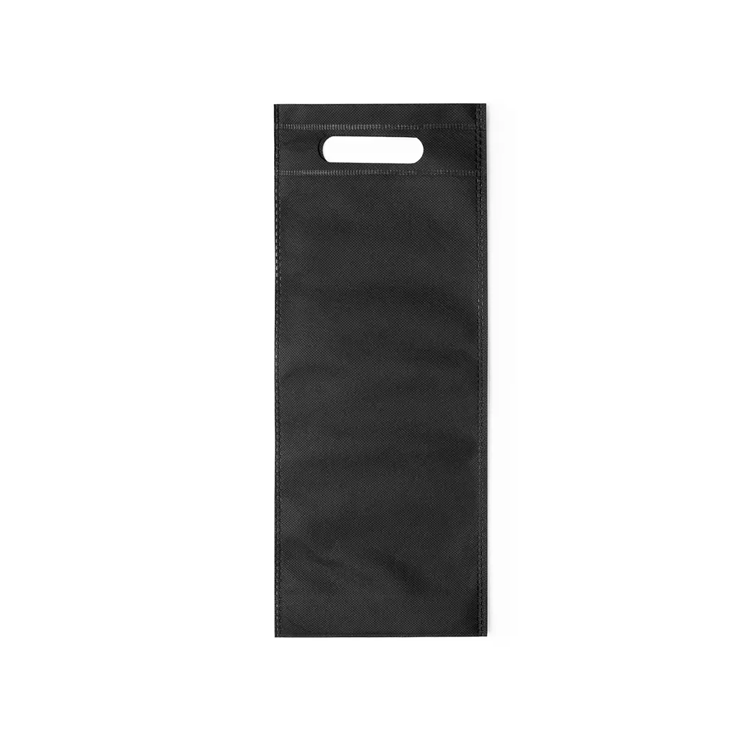 bolsa de tela negra de forma alargada con asa troquelada para transportar botellas