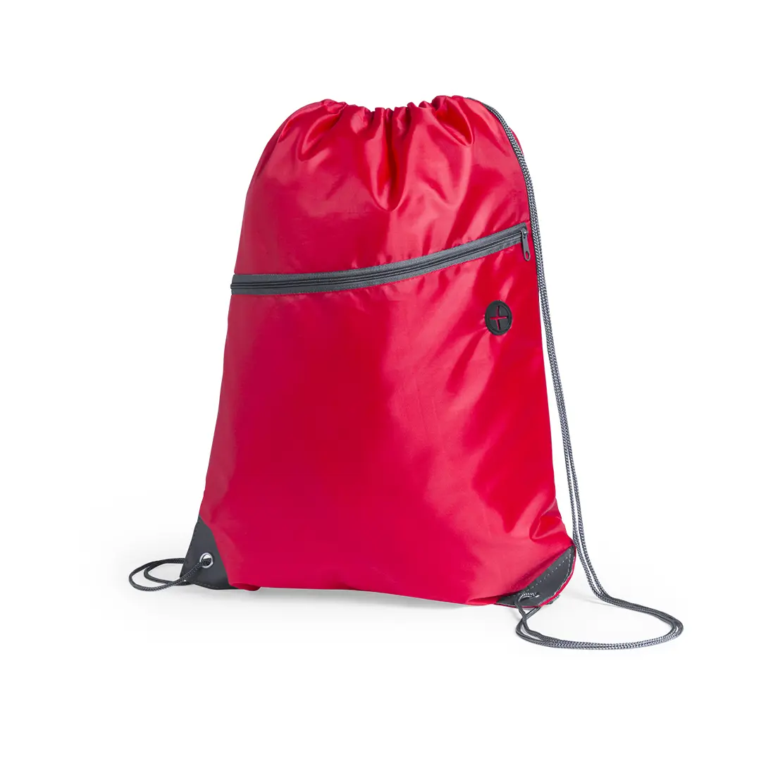 mochila saco roja con cierre de cordón, bolsillo frontal con cremallera y salida para auriculares