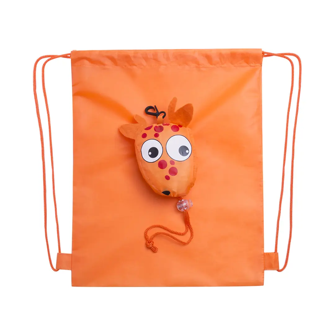 mochila saco naranja con bolsillo en forma de jirafa plegable