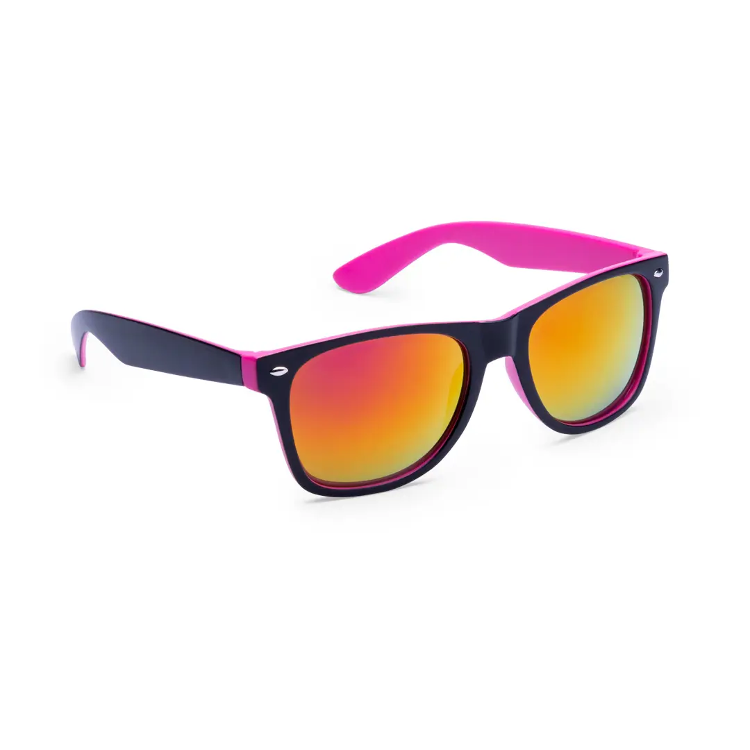 Gafas de sol estilo wayfarer con montura negra y rosa y lentes espejadas naranjas sobre fondo blanco
