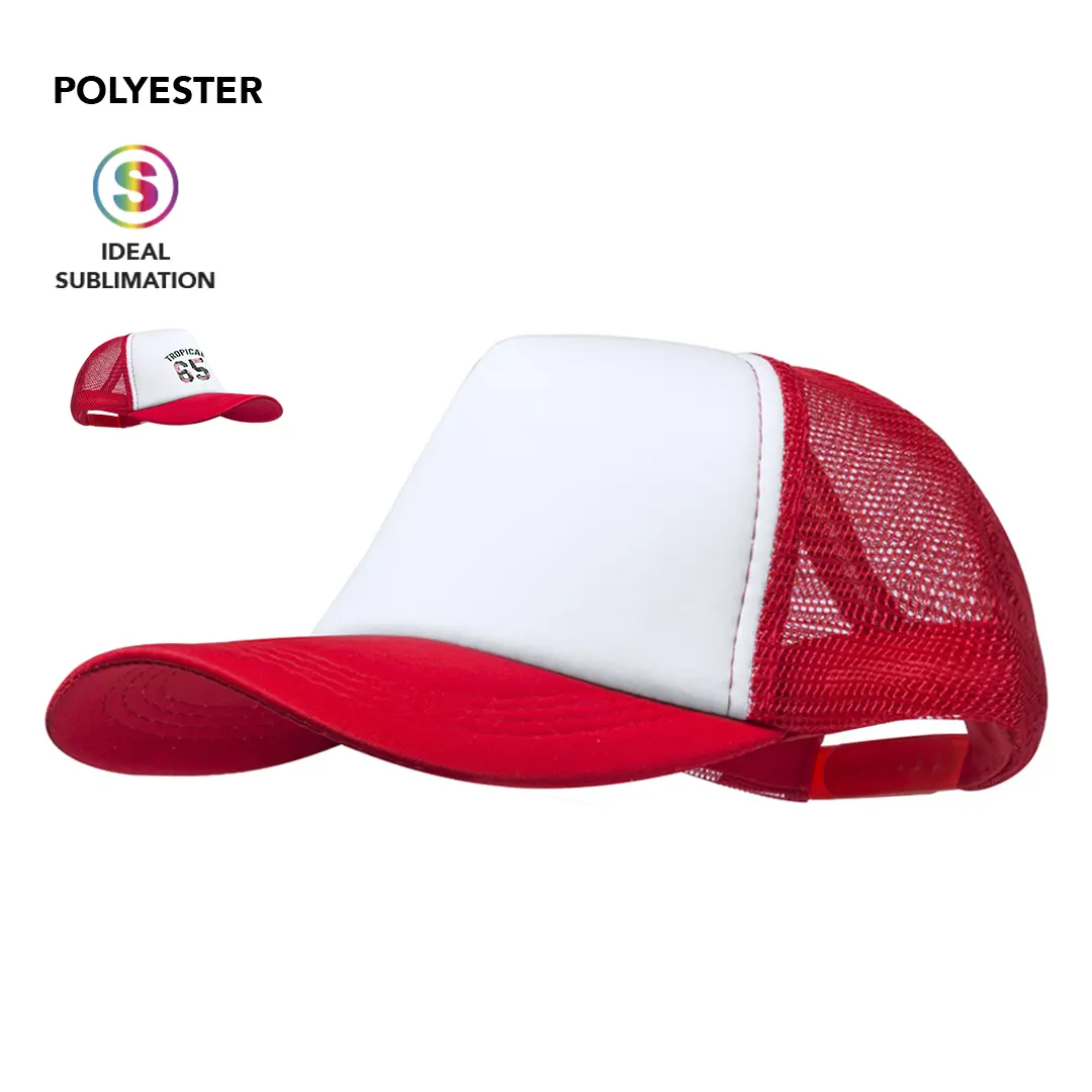 Gorra trucker de poliéster con frontal blanco, malla trasera roja y visera roja para sublimación ideal