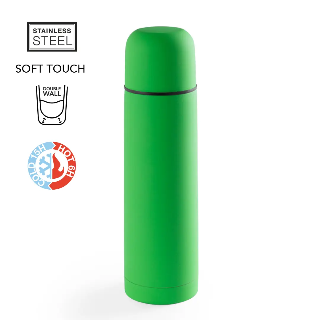 Termo verde de acero inoxidable con acabado soft touch y doble pared, mantiene bebidas frías 15 h y calientes 6 h
