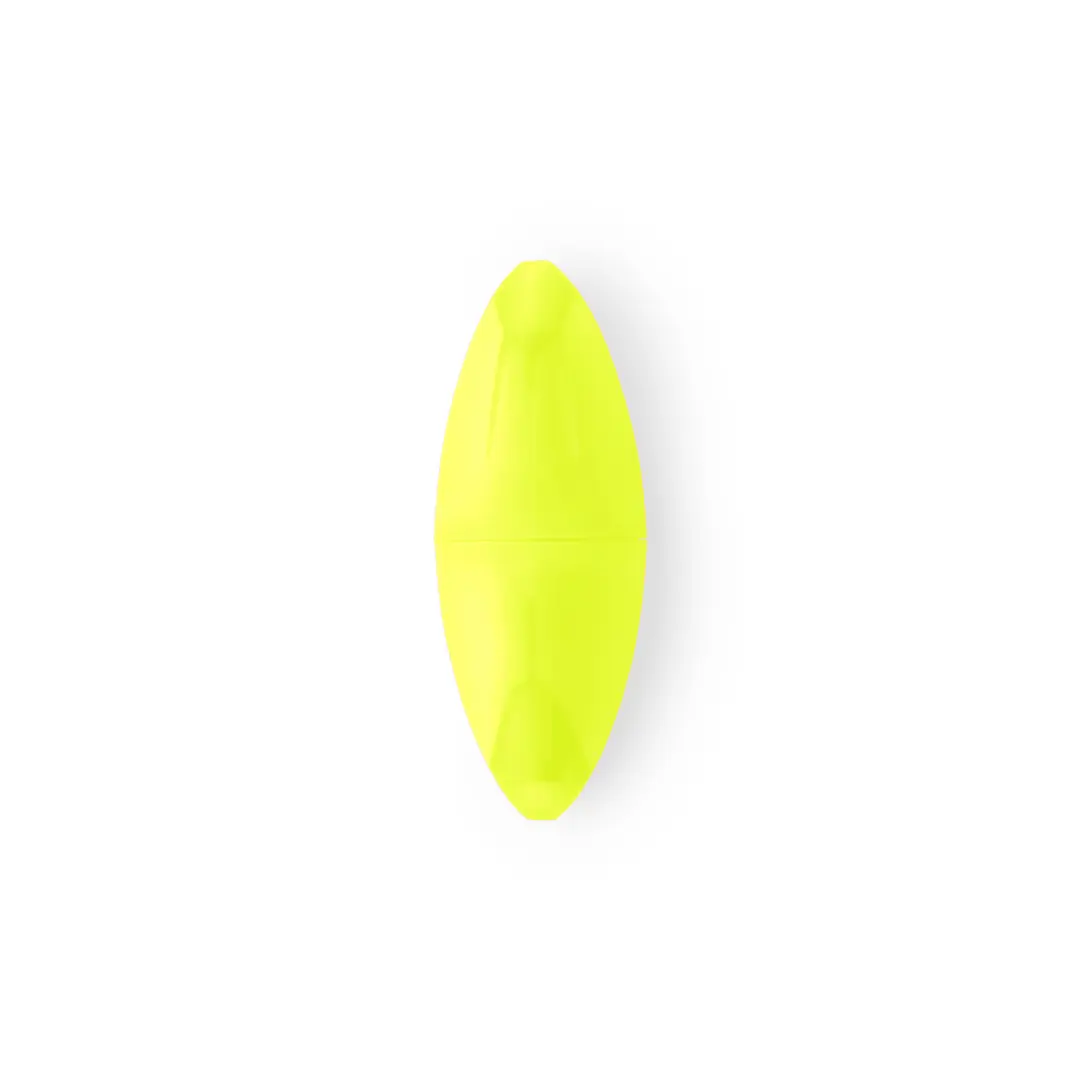 rotulador fluorescente amarillo de cuerpo ovalado sobre fondo blanco