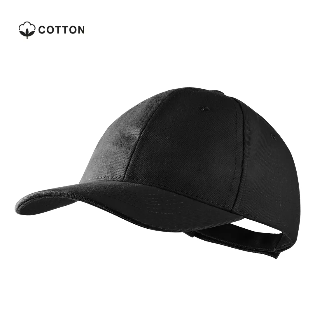 Gorra negra de algodón con visera curva y cierre trasero ajustable
