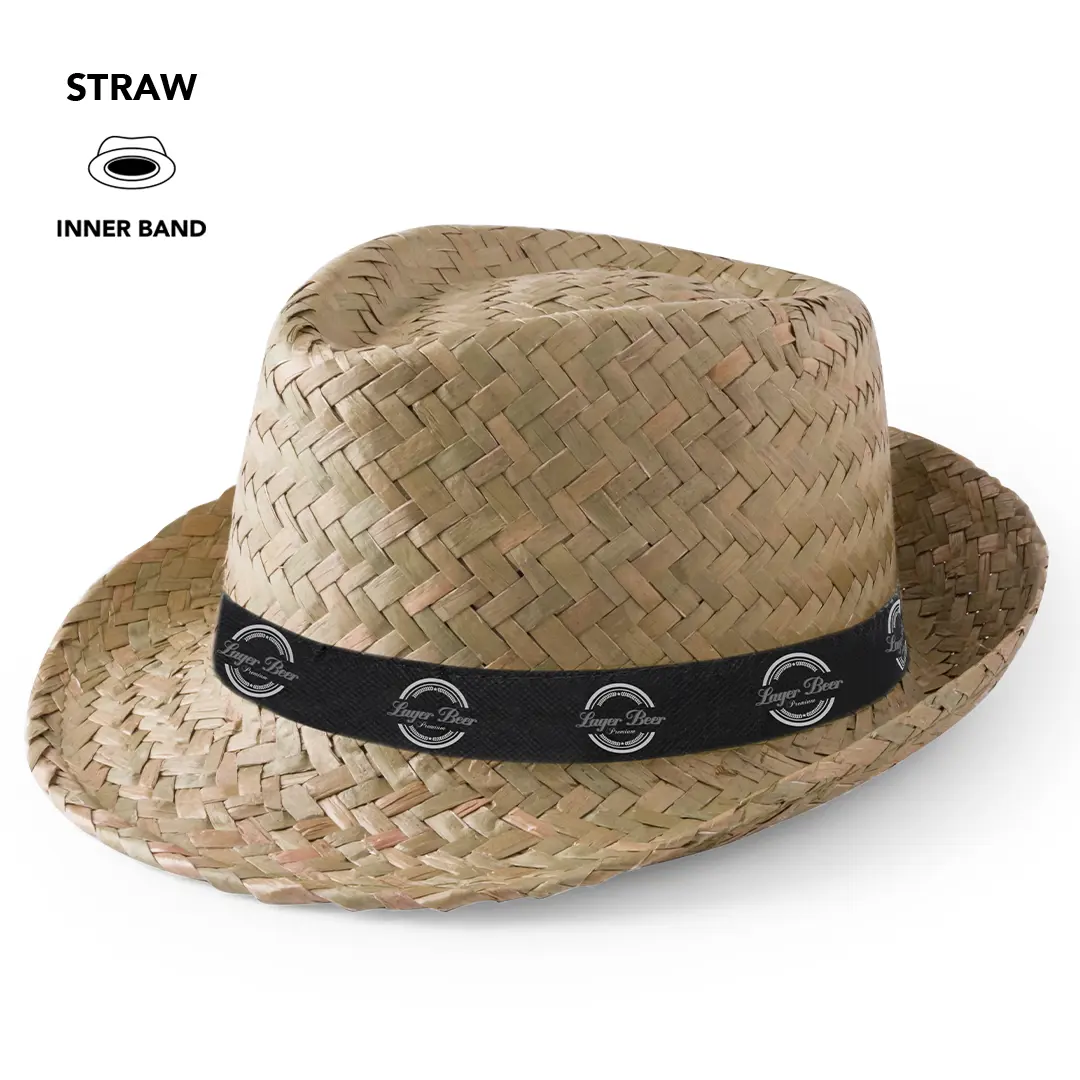 Sombrero fedora de paja trenzada con cinta negra interior estampada con logotipo de cerveza