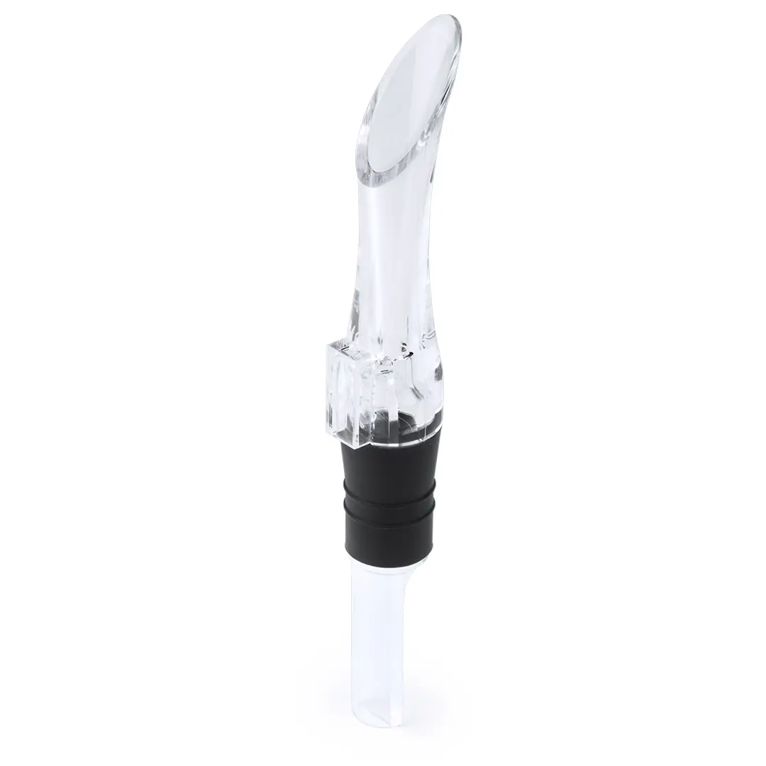 Vertedor aireador transparente con boquilla inclinada y tapón de goma negra para botellas