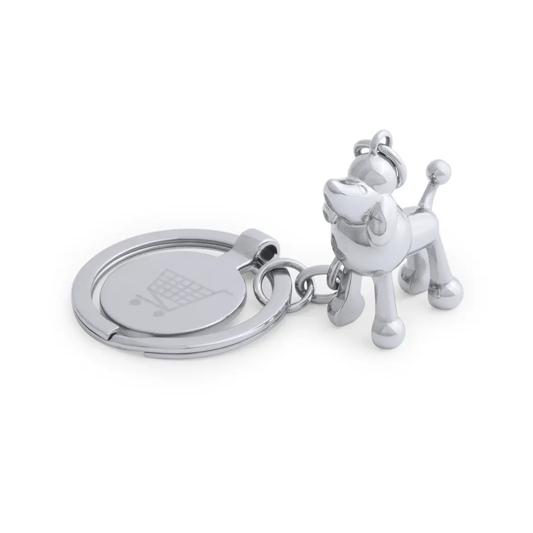 Llaveros de metal con figura de perro estilizado y placa circular grabada con icono de carrito de la compra