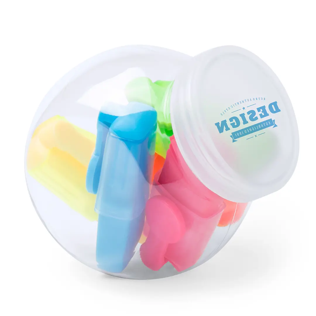 recipiente transparente con pinzas de ropa de plástico en colores pastel