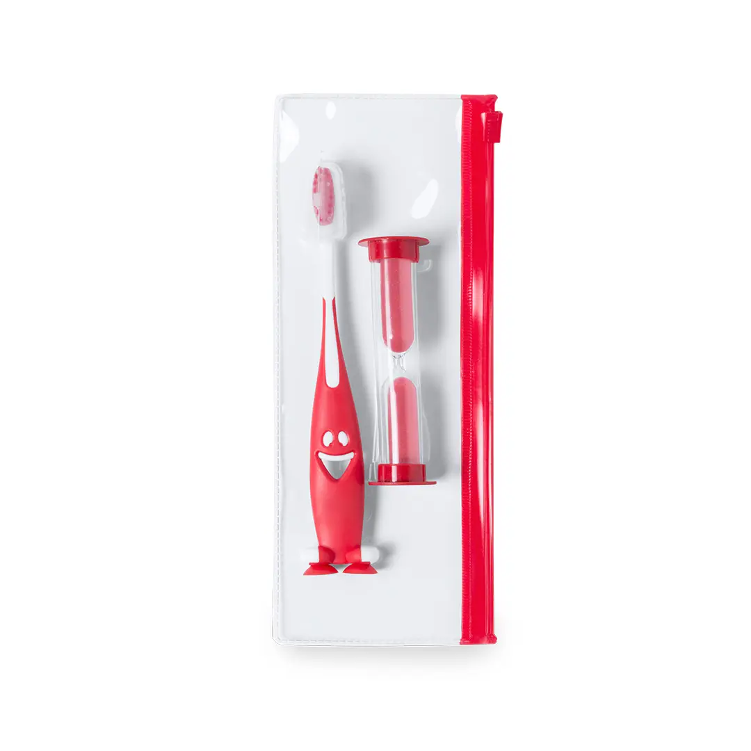 cepillo de dientes infantil rojo con asas en forma de personaje sonriente y temporizador de arena dentro de un estuche transparente con cremallera roja