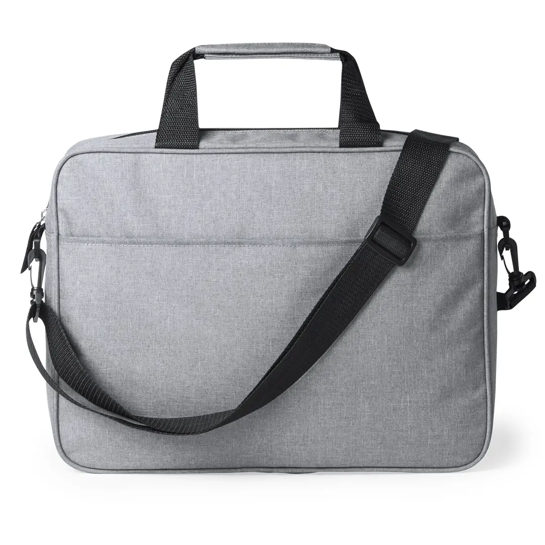 Bolsa de transporte gris para ordenador portátil con asa superior y correa ajustable al hombro.