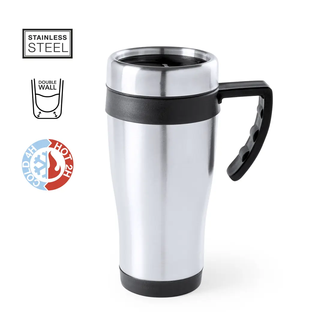 taza de viaje de acero inoxidable con doble pared y asa ergonómica negra