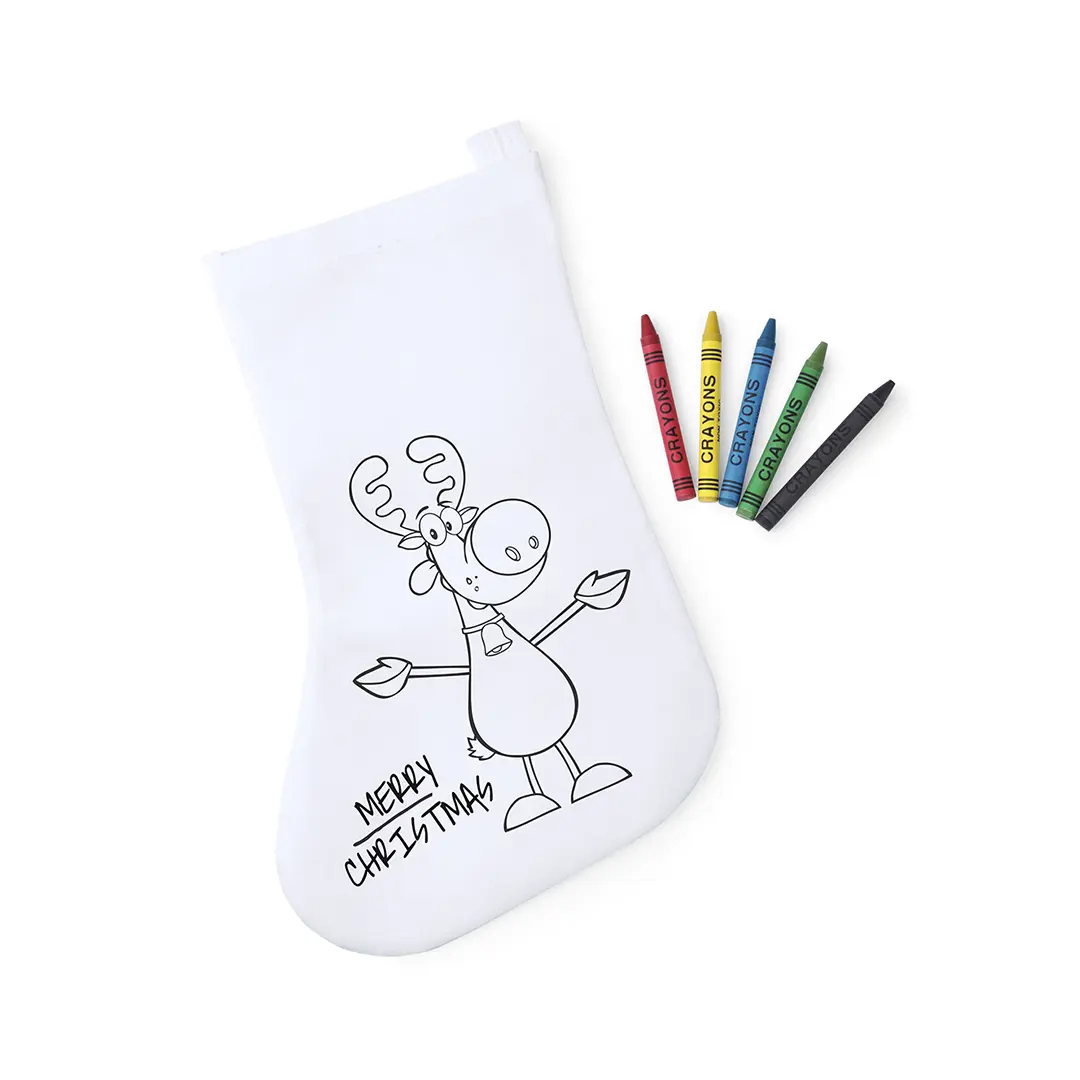 calcetín de Navidad blanco con dibujo de reno para colorear y seis ceras de colores