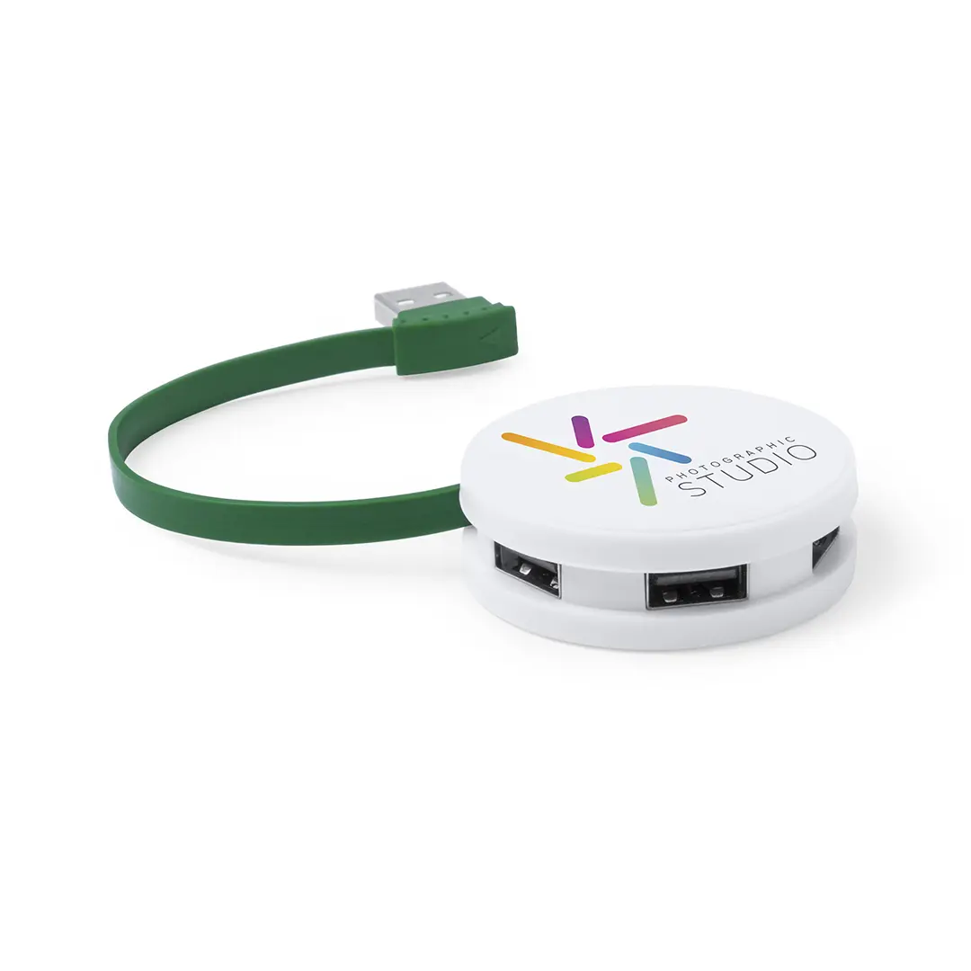 Hub USB circular blanco con cuatro puertos y cable verde, con el logotipo de Photographic Studio.