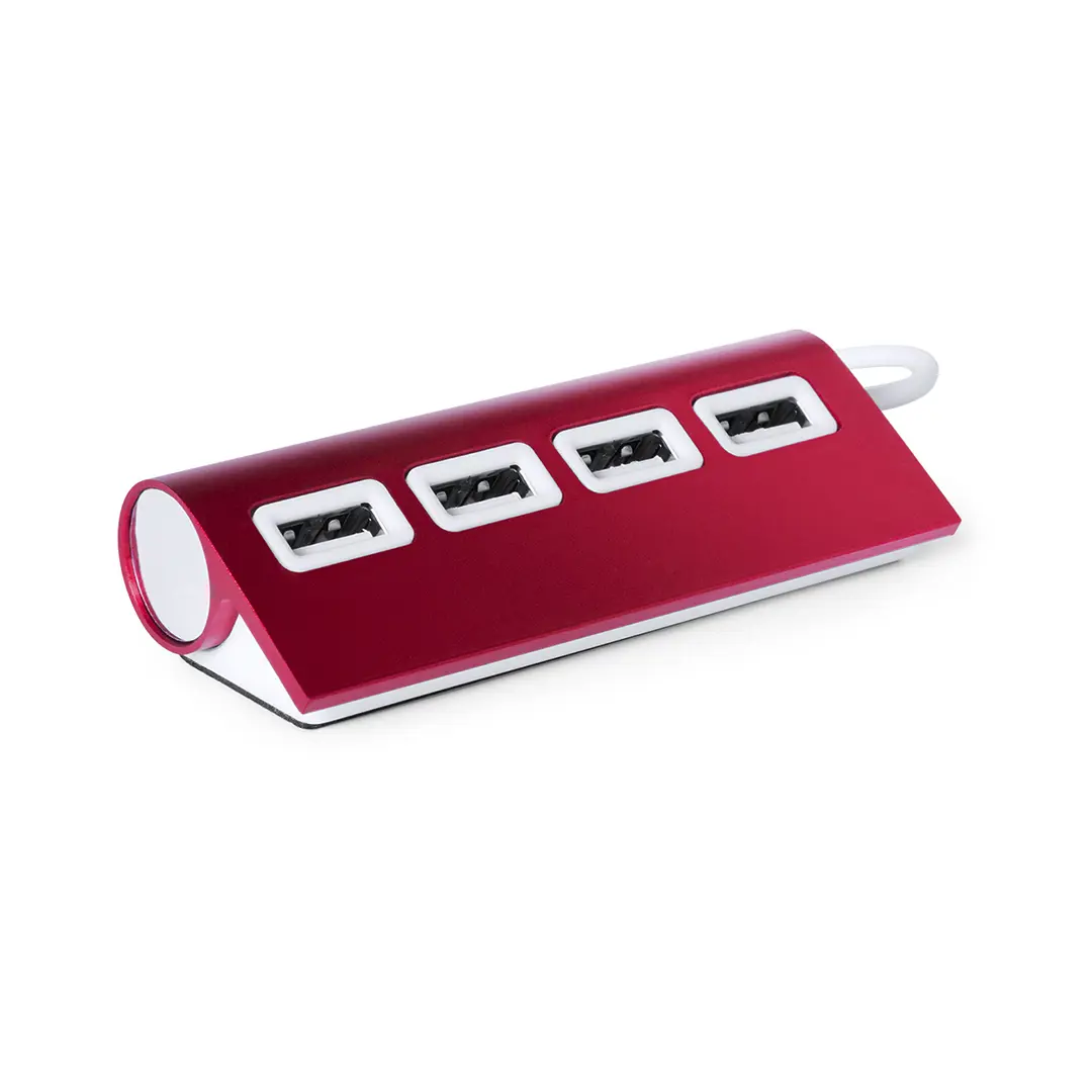 hub USB de aluminio rojo con cuatro puertos USB alineados en carcasa inclinada