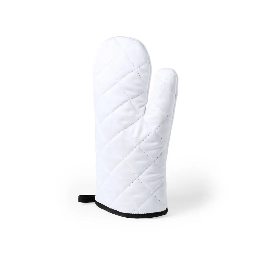 Manopla de cocina acolchada blanca con pespuntes en forma de rombos y borde negro