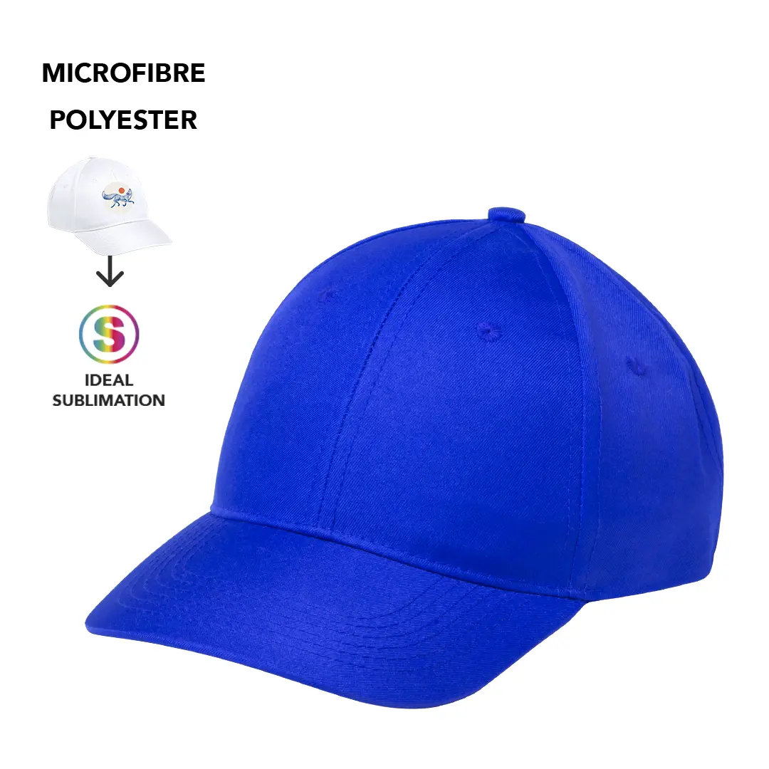 Gorra azul de poliéster y microfibra ideal para sublimación.