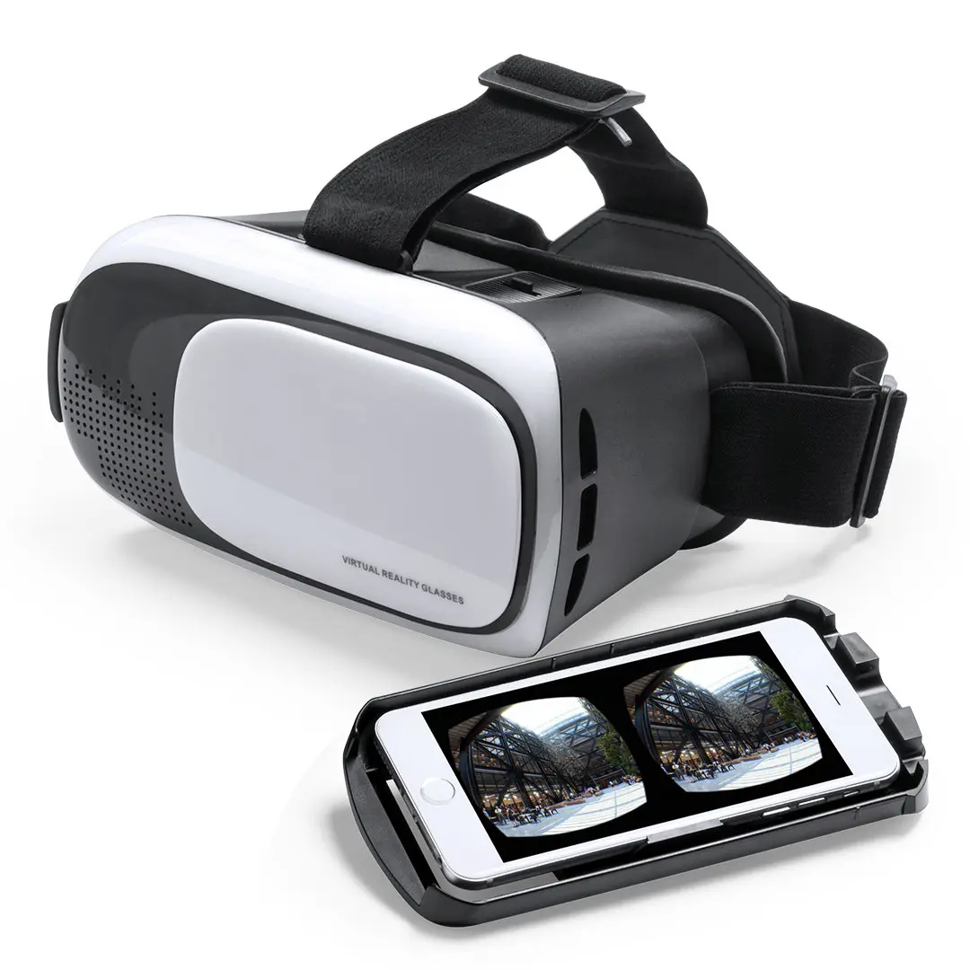 visor de realidad virtual blanco y negro con un teléfono móvil insertado mostrando imagen estereoscópica de un edificio contemporáneo