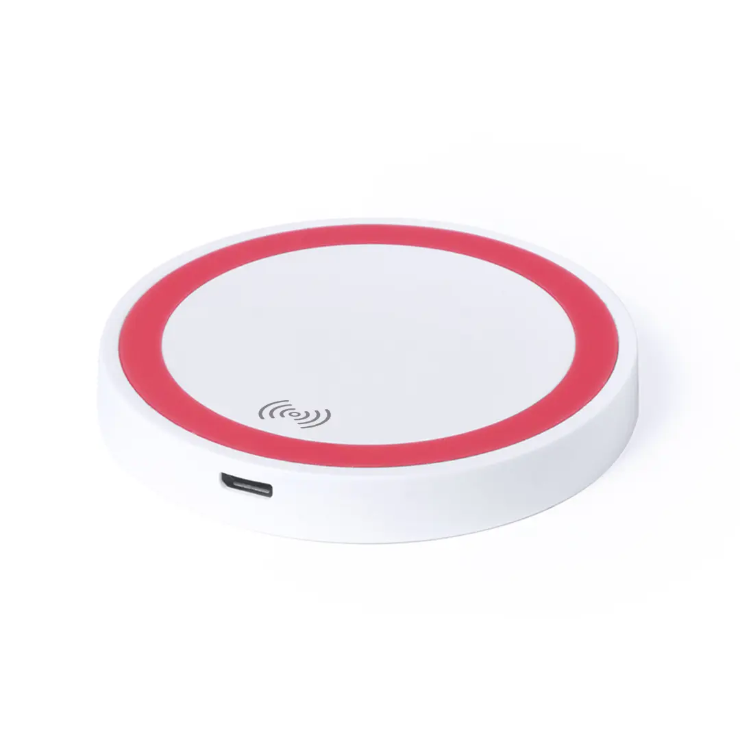 base de carga inalámbrica circular blanca con borde rojo y conector USB-C