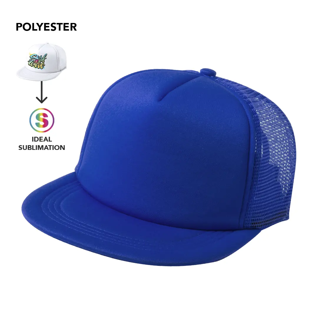 Gorra trucker azul de poliéster con panel frontal de espuma y malla trasera ideal para sublimación