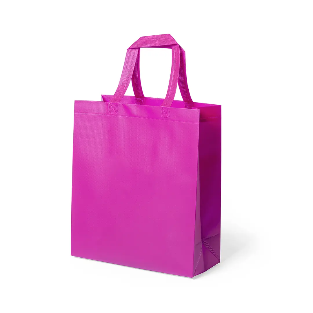 bolsa de compra reutilizable de tela rosa fucsia con asas cortas