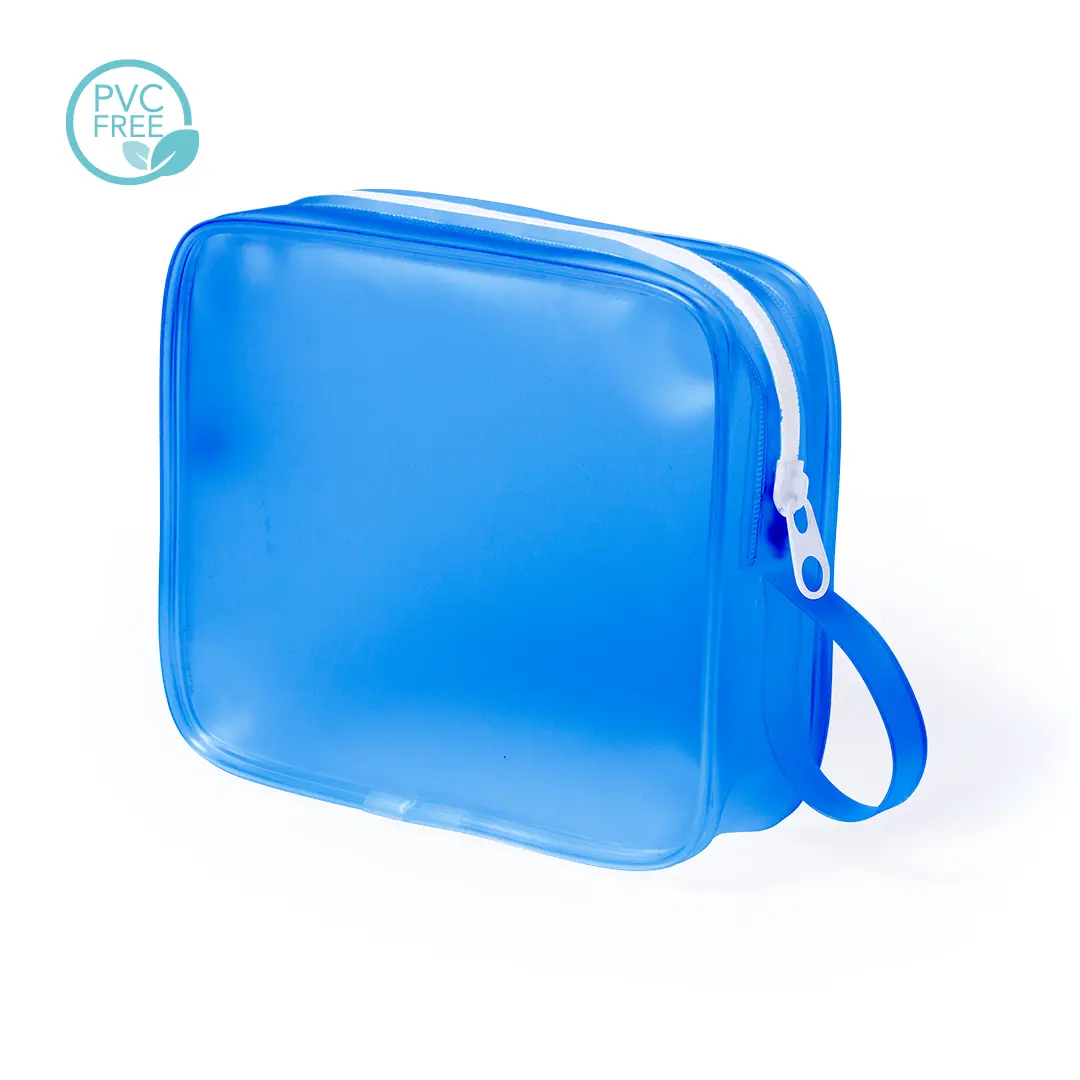 estuche de aseo azul semitransparente sin PVC con cremallera blanca y asa lateral