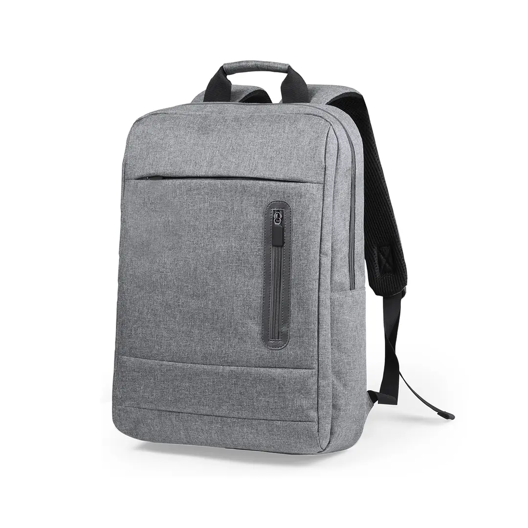 Mochila gris para portátil con bolsillo delantero y tirantes acolchados