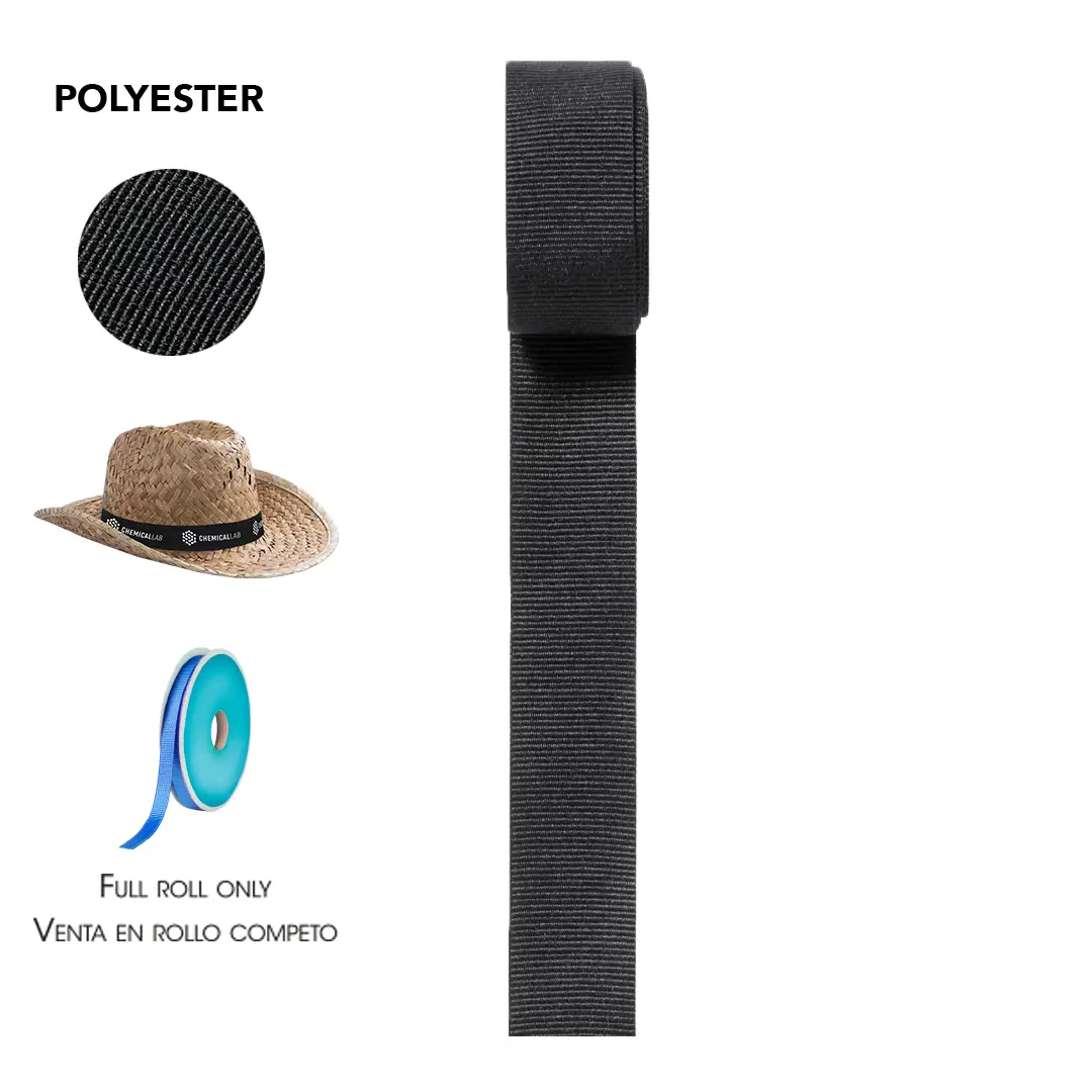 Cinta de poliéster negra en rollo completo, acompañada de un sombrero de paja y un carrete de cinta.