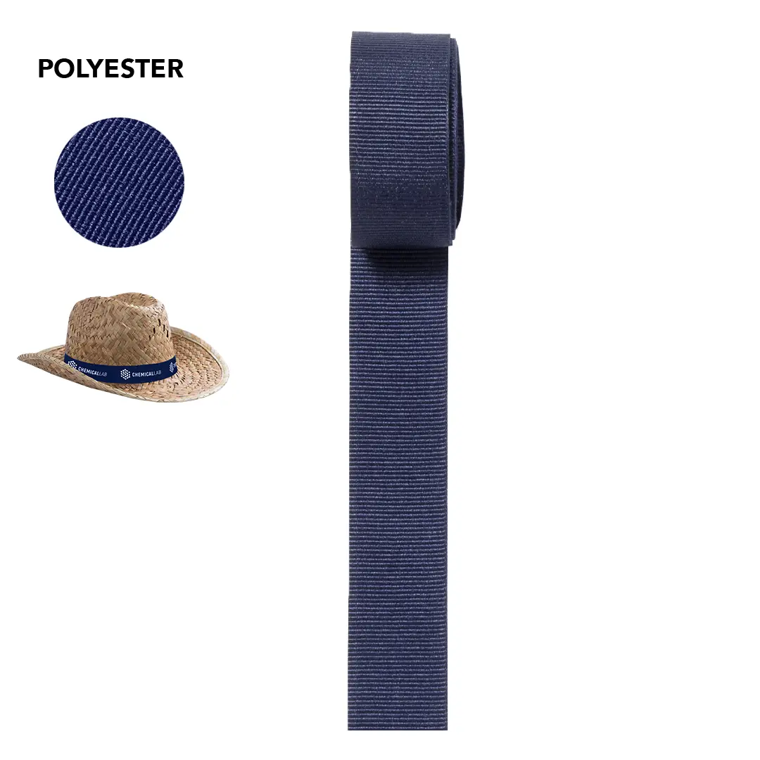 Cinta de poliéster azul marino en rollo y colocada como cinta decorativa en un sombrero de paja.